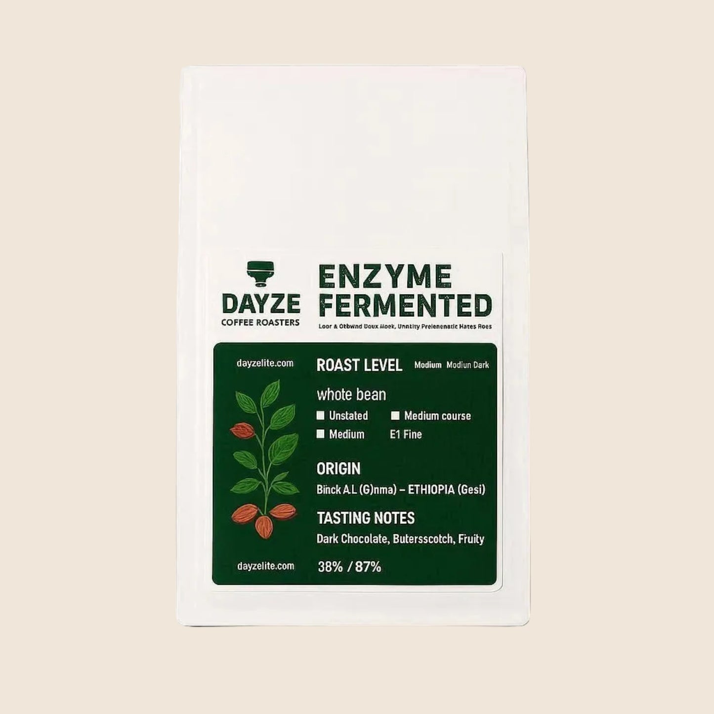 Dayze Coffee Roasters enzyme fermented coffee package on a beige background