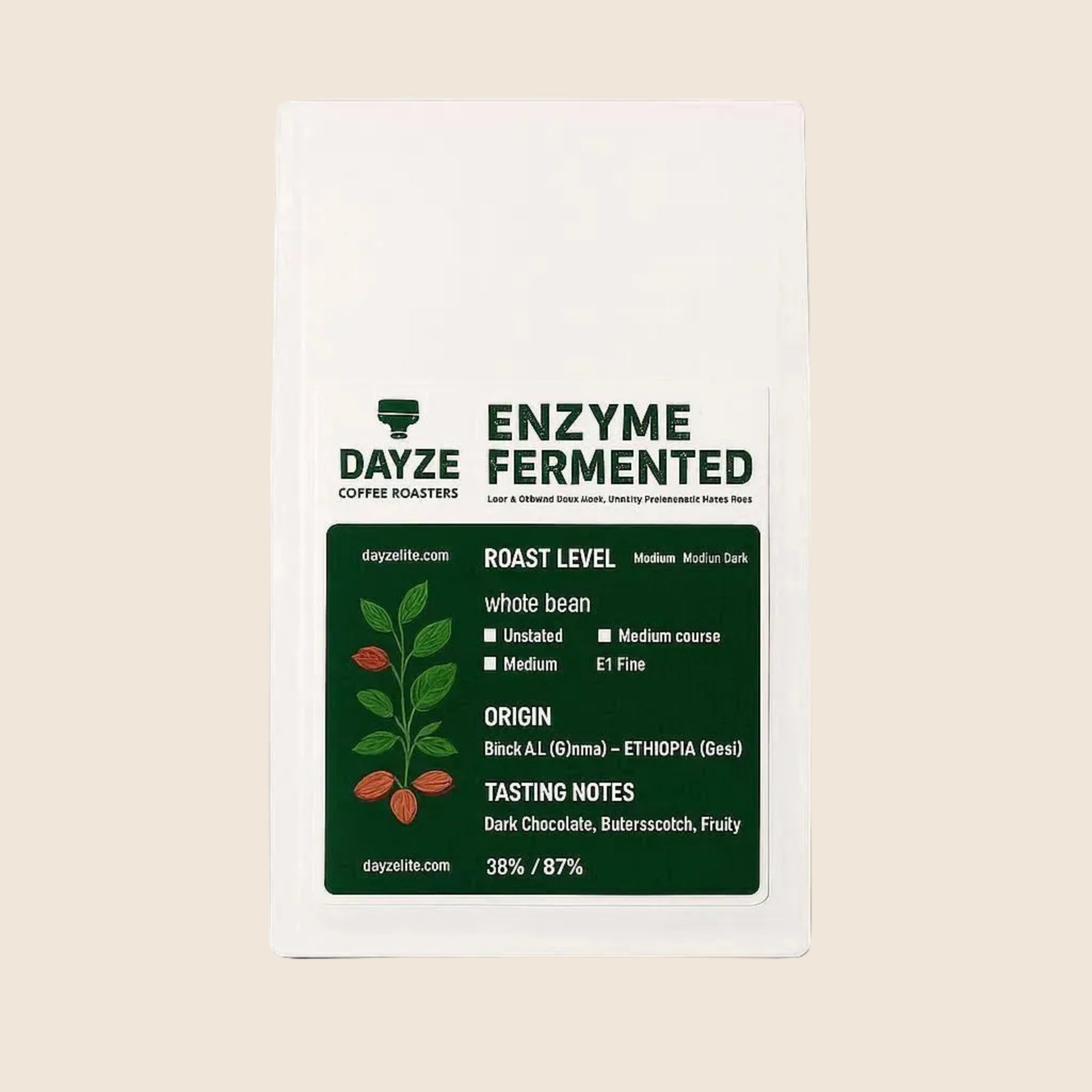 Dayze Coffee Roasters enzyme fermented coffee package on a beige background