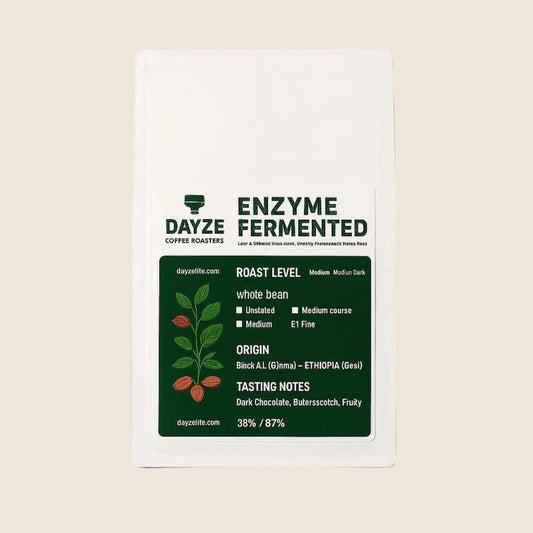 Dayze Coffee Roasters enzyme fermented coffee package on a beige background