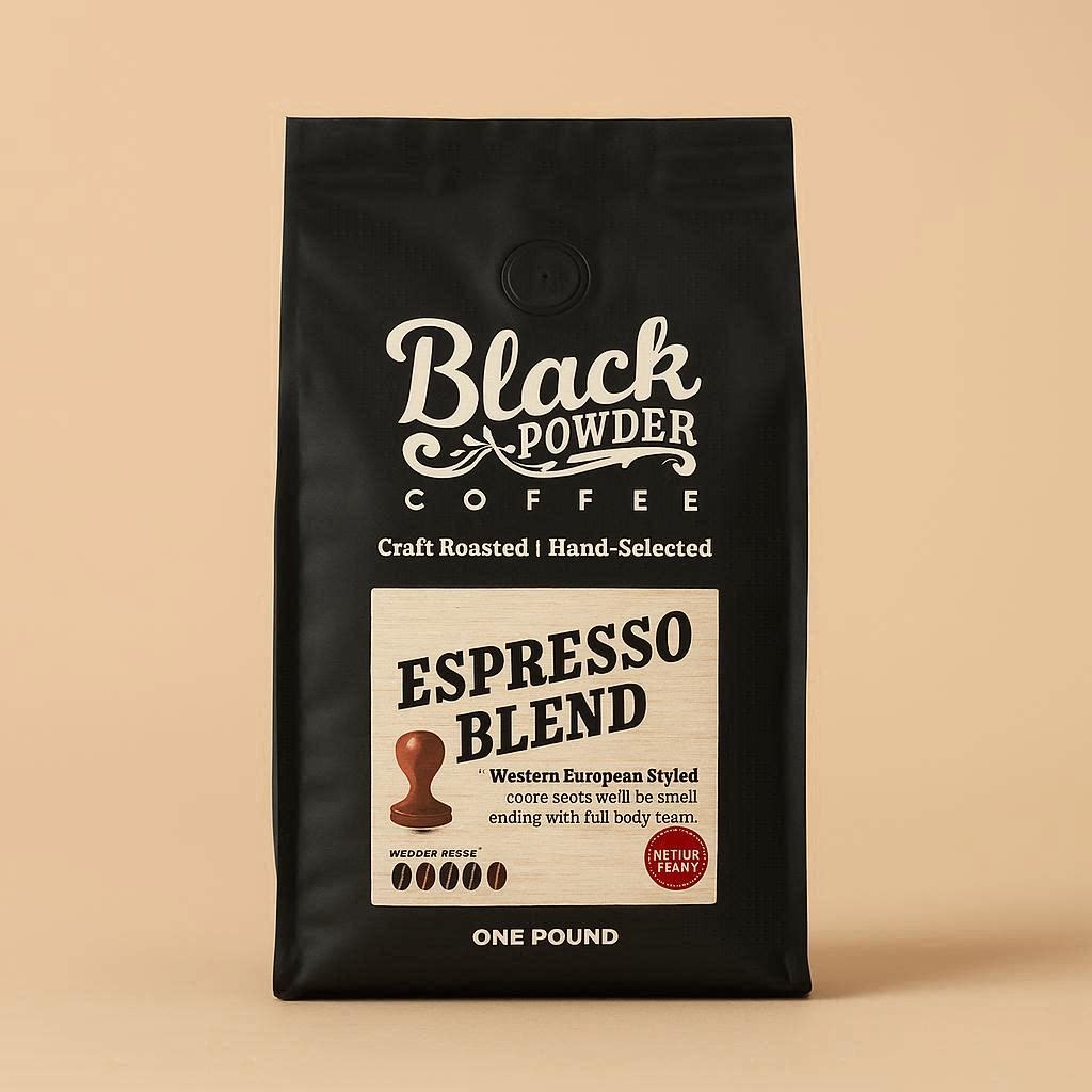Black Powder Coffee European Espresso Blend bag on a soft beige background, front‑facing with clean studio lighting.