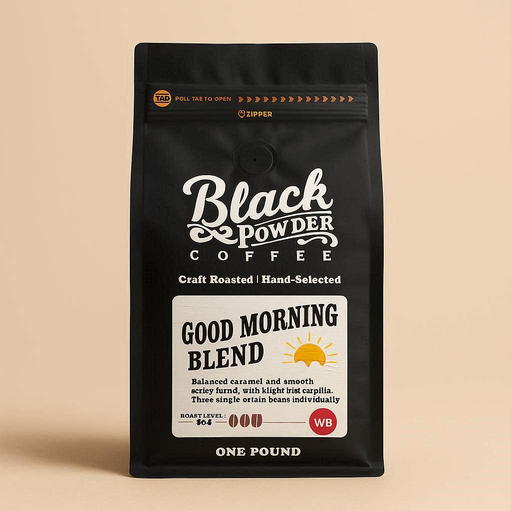 Black Powder Coffee Good Morning Blend bag on a soft beige background, front‑facing with clean studio lighting.