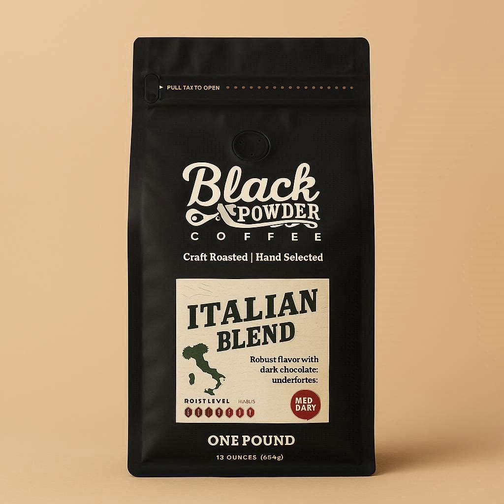 Black Powder Coffee Italian Blend bag on a soft beige background, front‑facing with clean studio lighting.