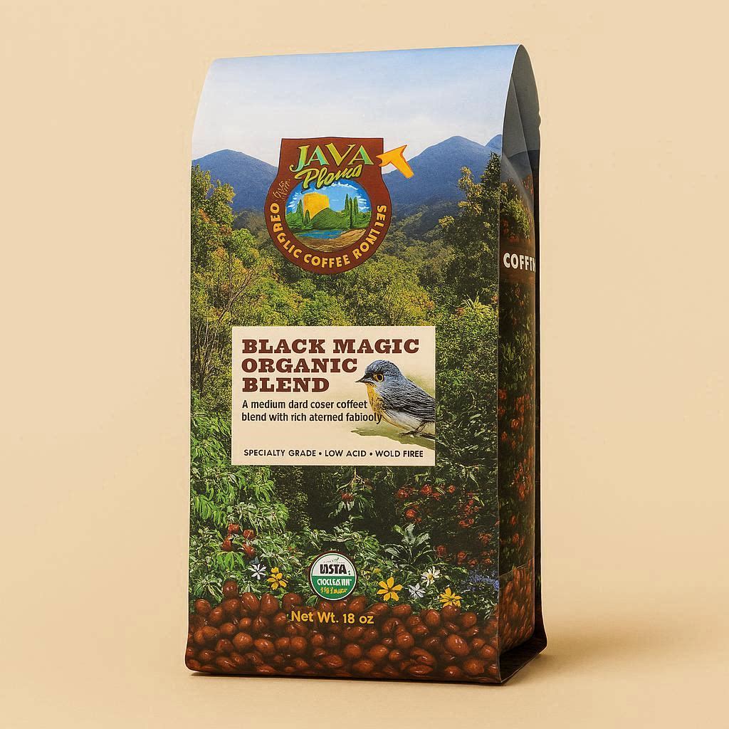 Black Magic Organic Blend dark roast whole bean coffee bag on warm beige background, bold and smooth profile