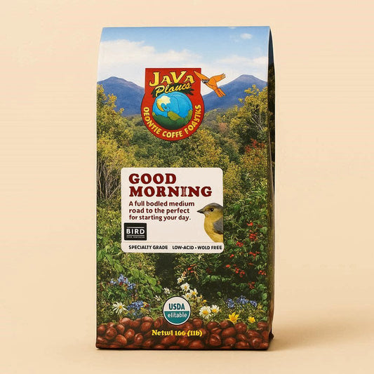 Good Morning Organic Blend whole bean coffee bag on warm beige background, smooth and bright breakfast blend.