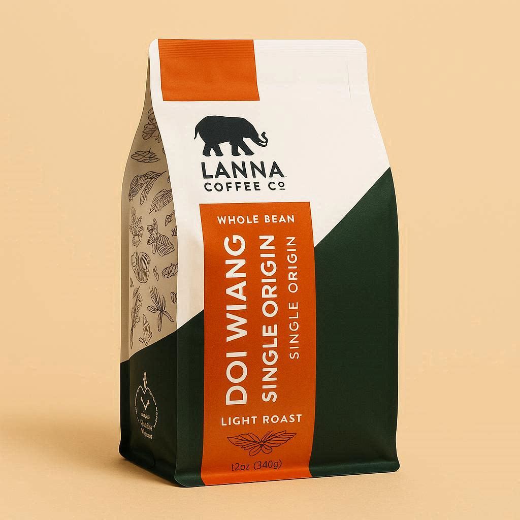 Doi Wiang Natural Thai coffee bag on warm beige background