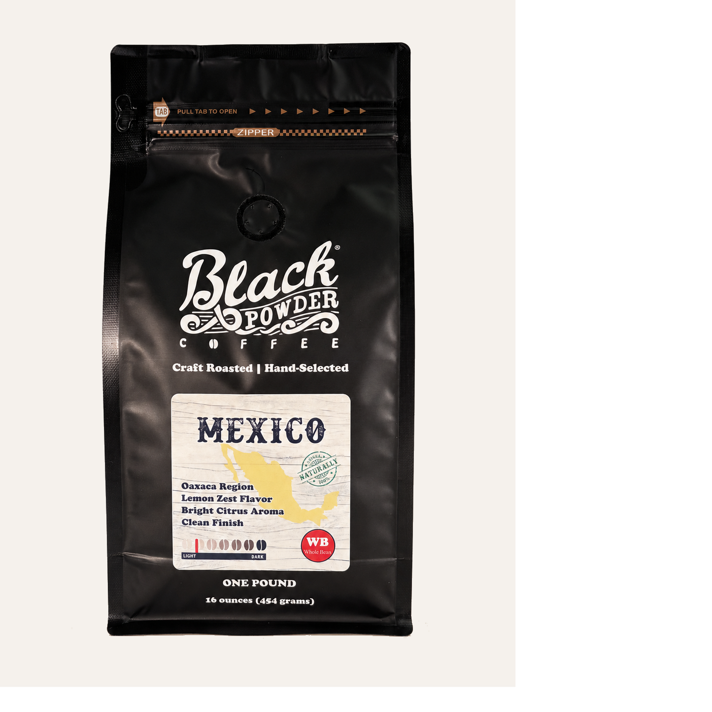 Black Powder Coffee bag labeled 'Mexico' on a white background