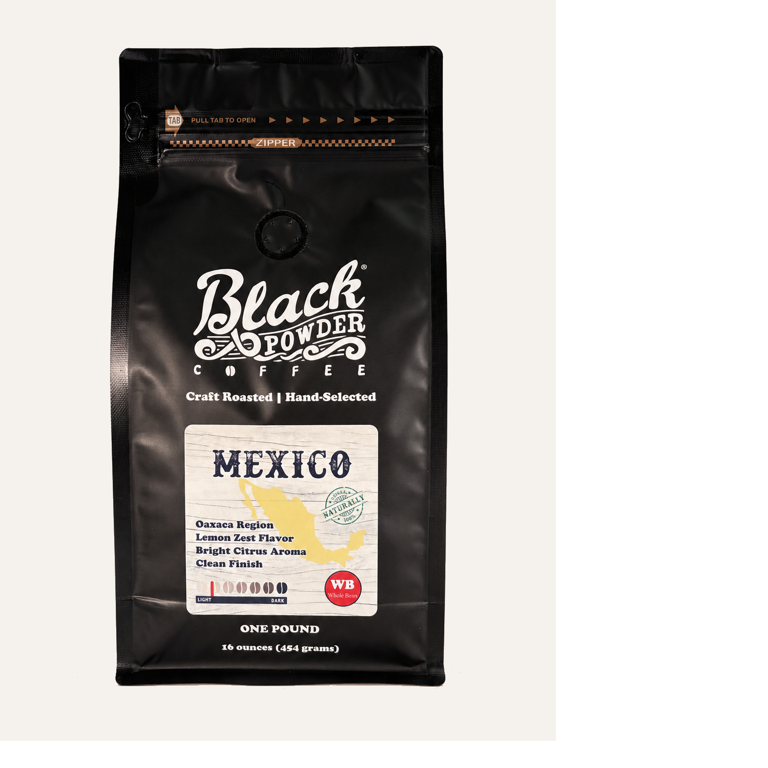 Black Powder Coffee bag labeled 'Mexico' on a white background
