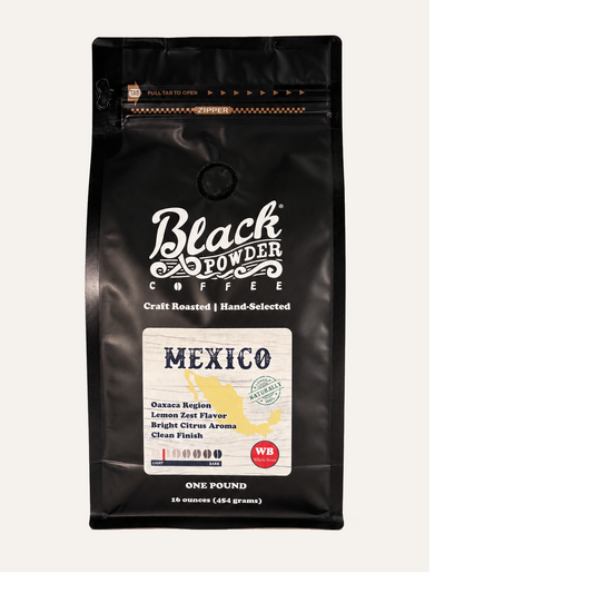 Black Powder Coffee bag labeled 'Mexico' on a white background