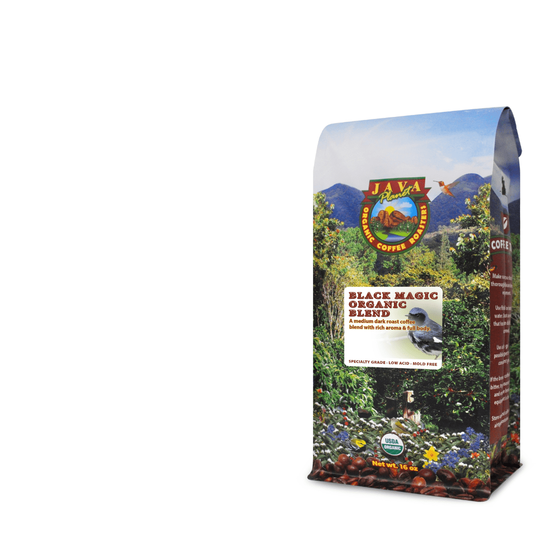 Java Planet Black Magic Organic Blend coffee bag with colorful garden and mountain design