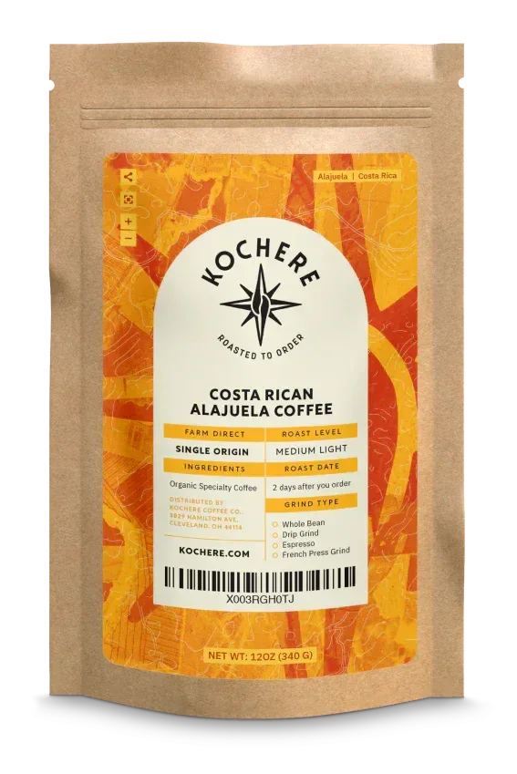 Bag of Costa Rica Alajuela medium‑light roast coffee with sweet apple and raisin flavor notes.