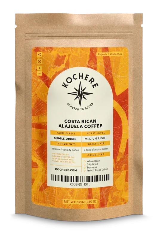 Bag of Costa Rica Alajuela medium‑light roast coffee with sweet apple and raisin flavor notes.