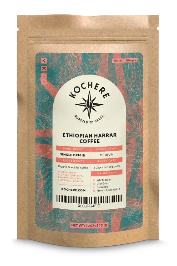Bag of Ethiopian Harrar natural medium roast coffee with blueberry, dark chocolate, and fruity notes.