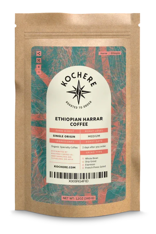 Bag of Ethiopian Harrar natural medium roast coffee with blueberry, dark chocolate, and fruity notes.