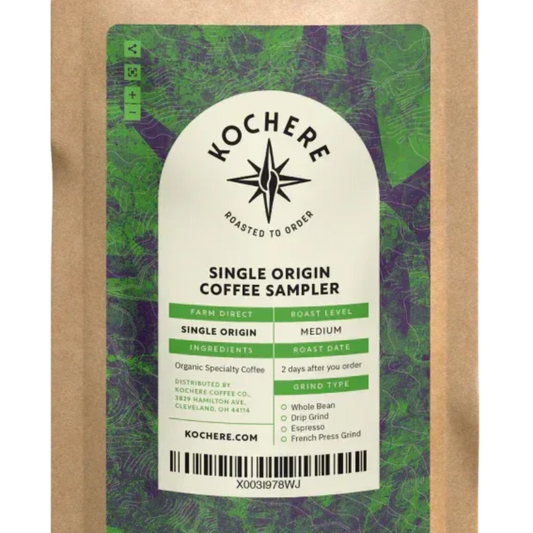 Single origin coffee sampler with six fresh‑roasted coffees from Ethiopia, Costa Rica, Brazil, Honduras, Tanzania, and Colombia