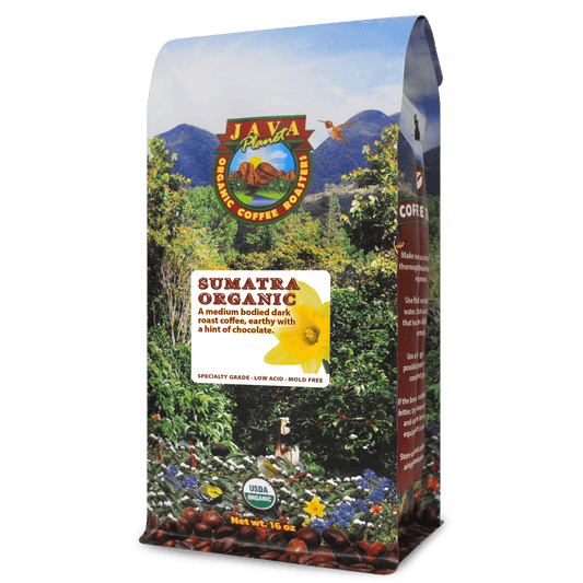 Sumatra Organic low acid coffee bag from coffeefetch.com with mountain and floral design